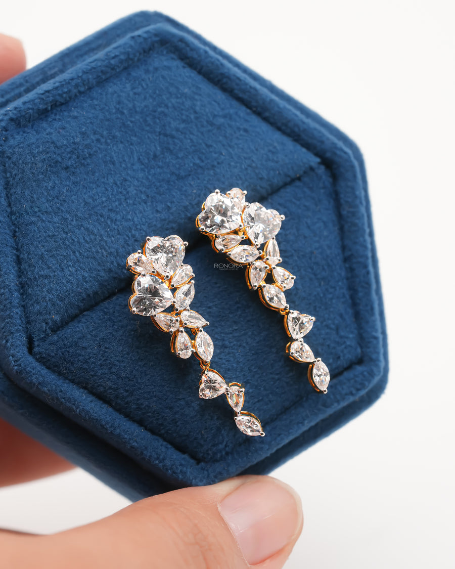 Pair of heart lab grown diamond drop earrings with a cluster cascade of pear and marquise stones in a blue velvet box