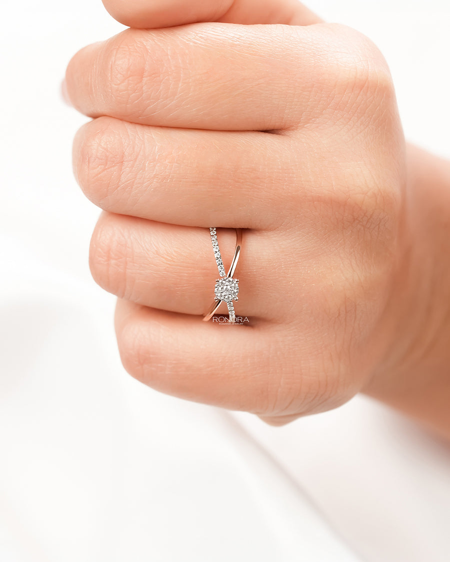 Round lab grown diamond split-shank ring worn on hand in rose gold