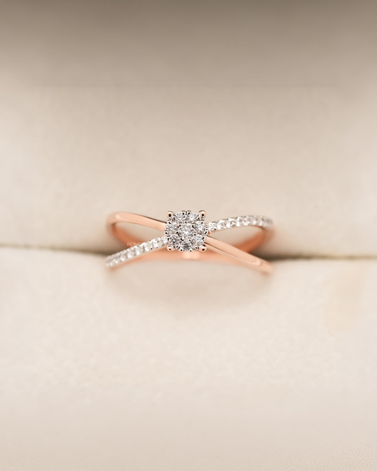 Evelyne round lab grown diamond split-shank ring in rose gold inside Ronora box