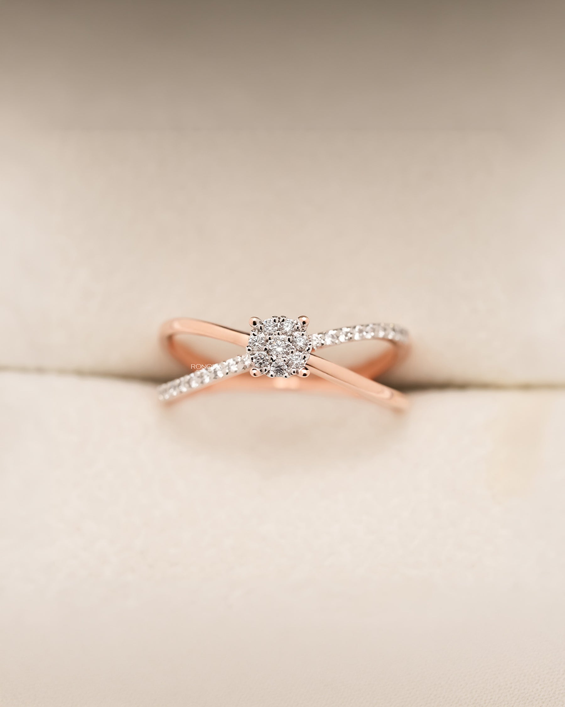Evelyne round lab grown diamond split-shank ring in rose gold inside Ronora box
