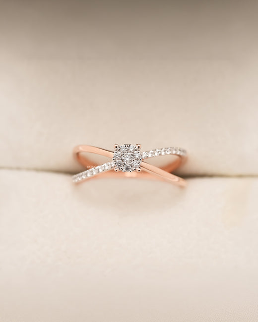Evelyne round lab grown diamond split-shank ring in rose gold inside Ronora box