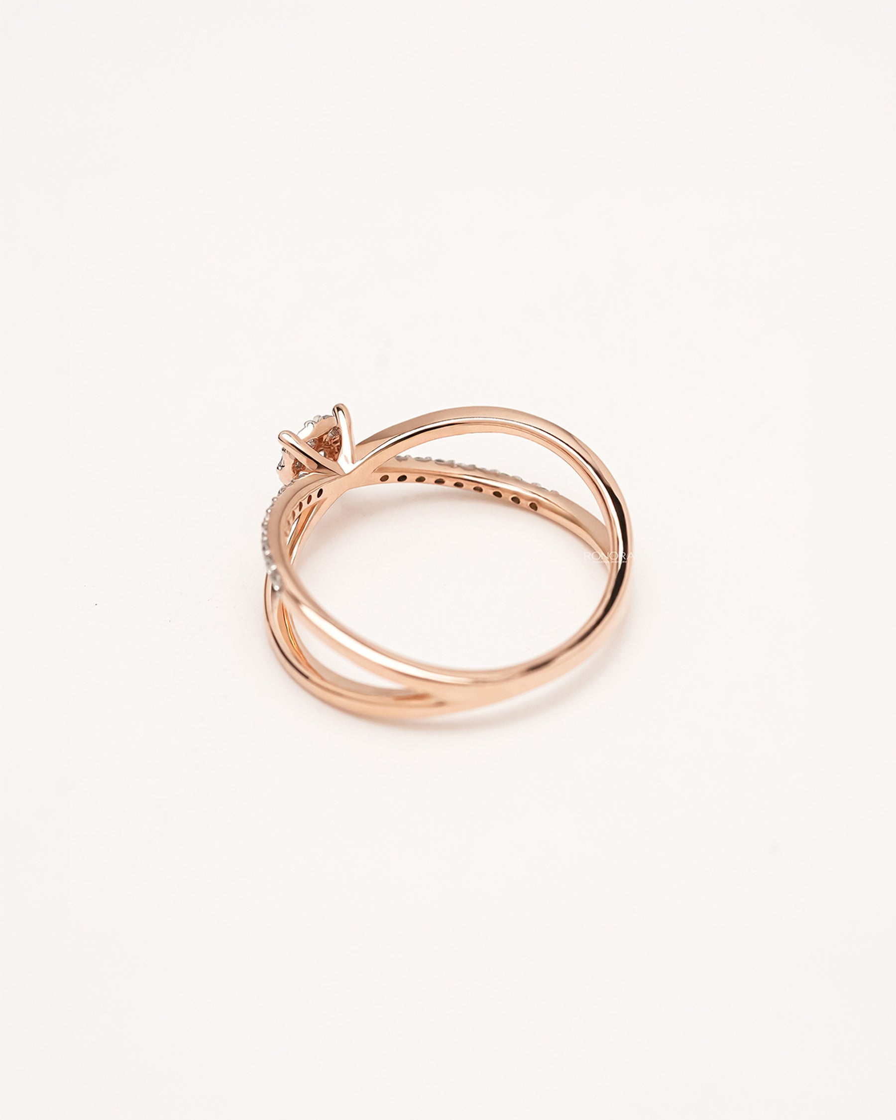 Back view of round lab grown diamond split-shank ring showing band and gallery detail