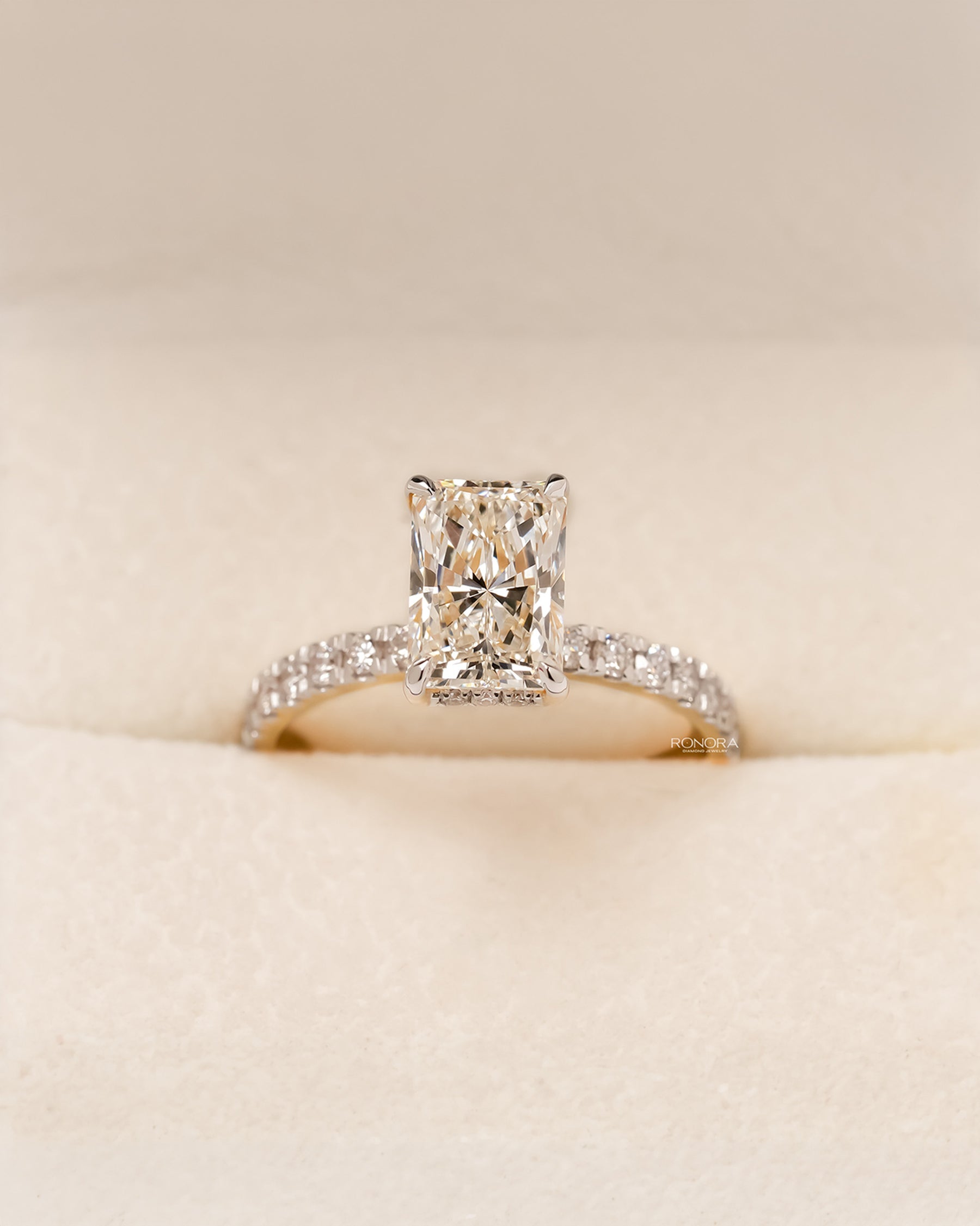 Celine radiant lab grown diamond pavé ring in yellow gold inside Ronora box