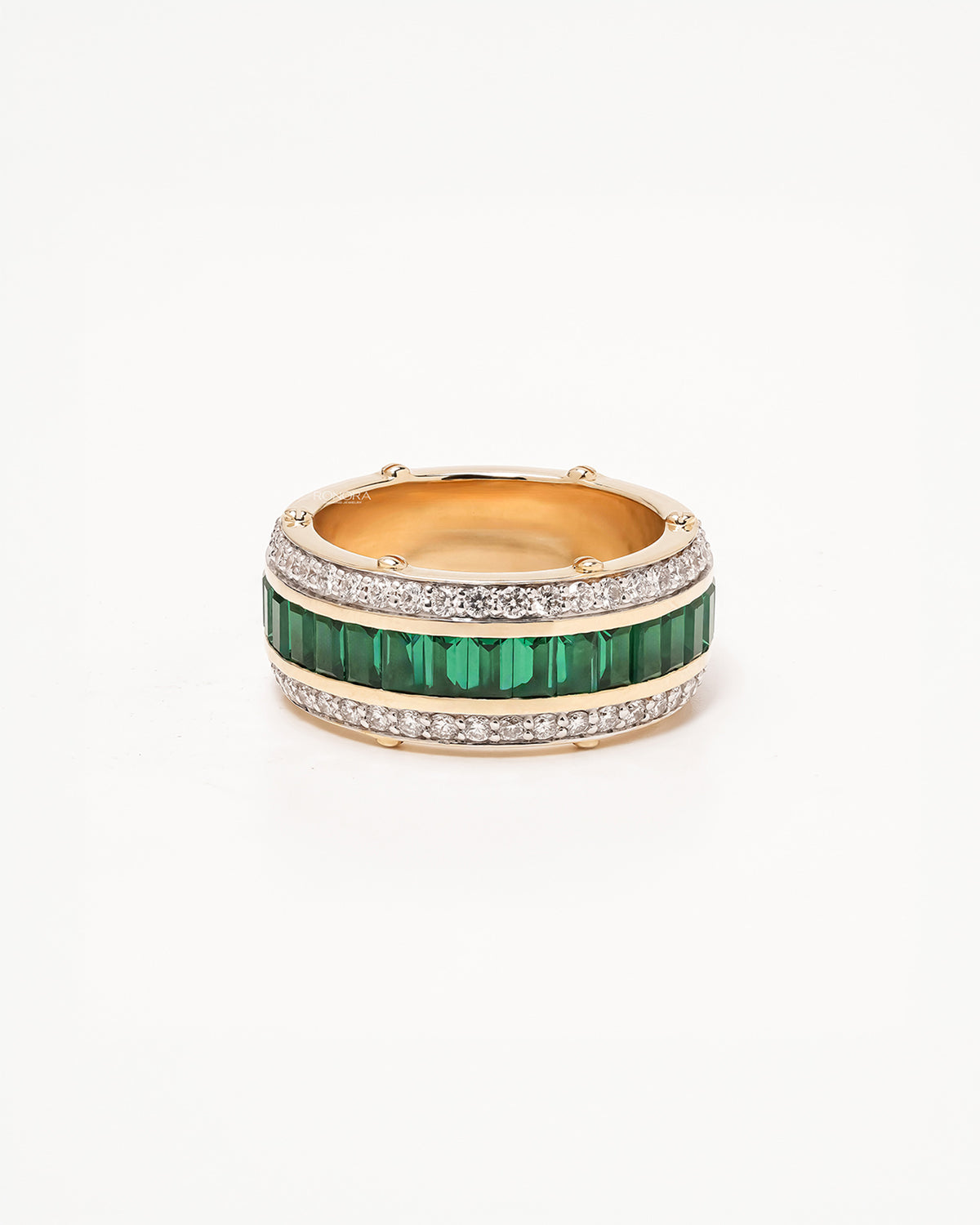 Side profile of green lab grown diamond channel band showing channel and pavé setting