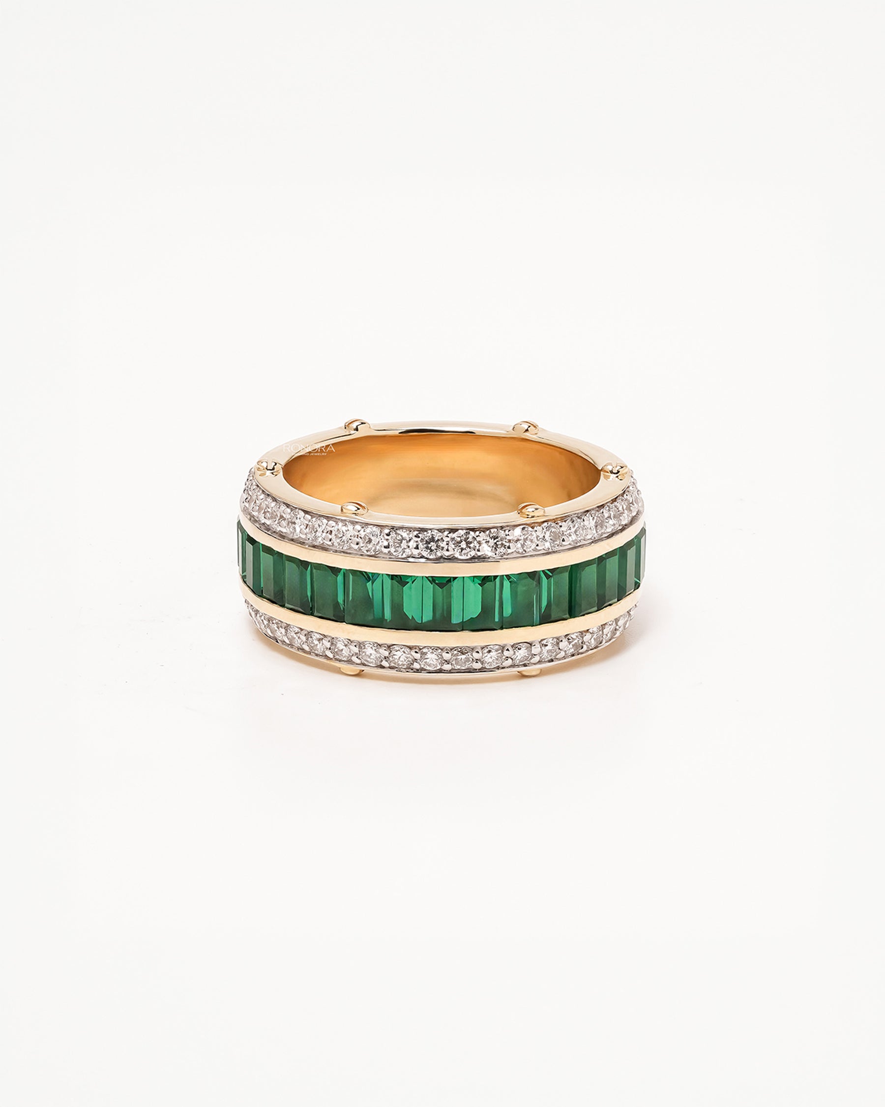 Side profile of green lab grown diamond channel band showing channel and pavé setting