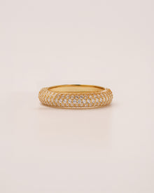 Valence wide lab grown diamond pavé band in yellow gold inside Ronora box