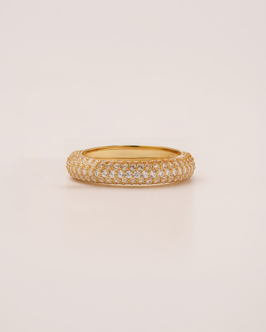 Valence wide lab grown diamond pavé band in yellow gold inside Ronora box