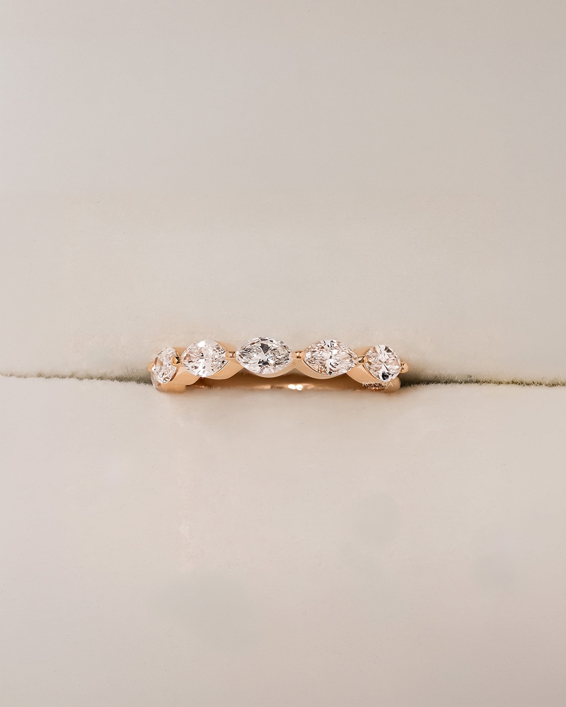 Juliette round lab grown diamond five-stone band in yellow gold inside Ronora box