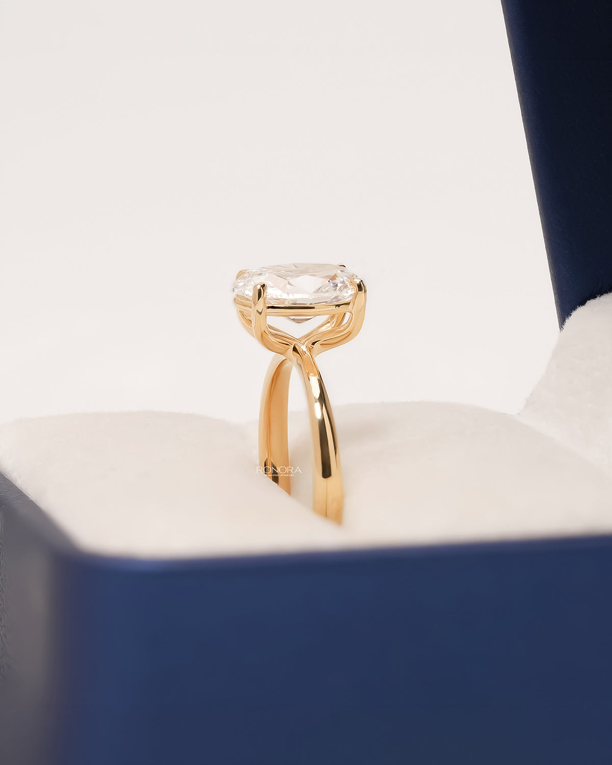 Angled view of oval lab grown diamond solitaire ring showing solitaire setting