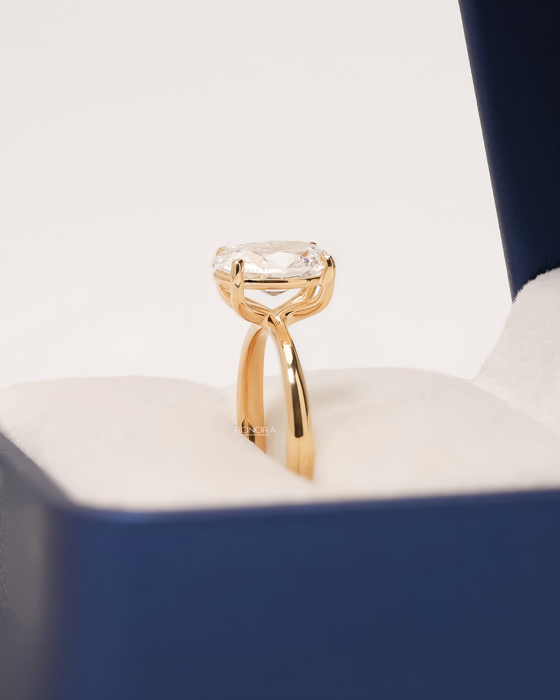 Angled view of oval lab grown diamond solitaire ring showing solitaire setting