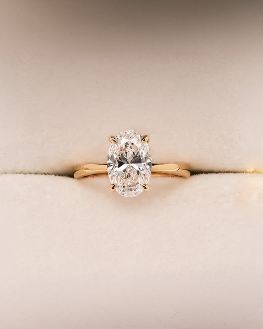 Noelle oval lab grown diamond solitaire ring in yellow gold inside Ronora box