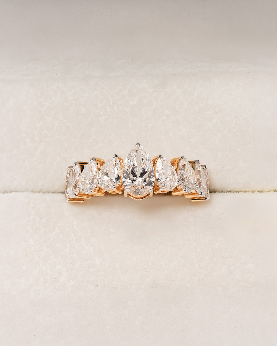 Amelie pear lab grown diamond five-stone band in yellow gold inside Ronora box