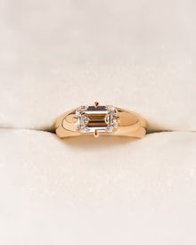 Emerson emerald lab grown diamond signet ring in yellow gold inside Ronora box