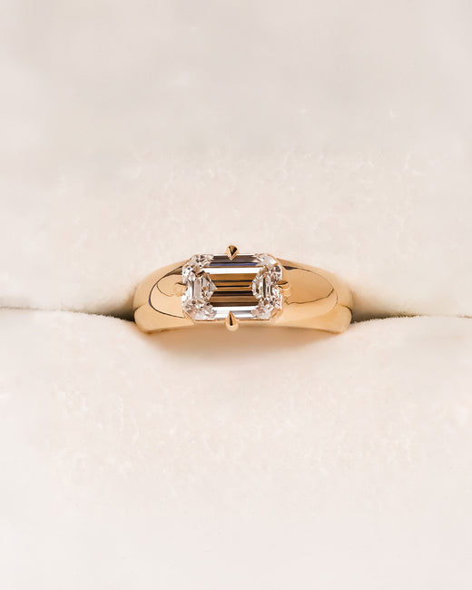 Emerson emerald lab grown diamond signet ring in yellow gold inside Ronora box