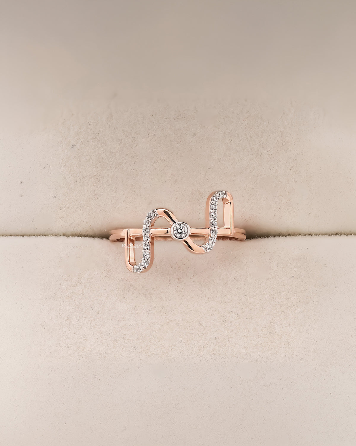 Angled view of open lab grown diamond geometric ring showing open two-stone setting