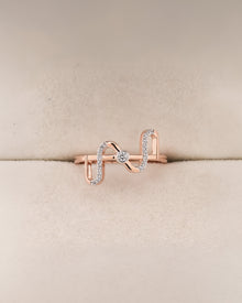 Angled view of open lab grown diamond geometric ring showing open two-stone setting