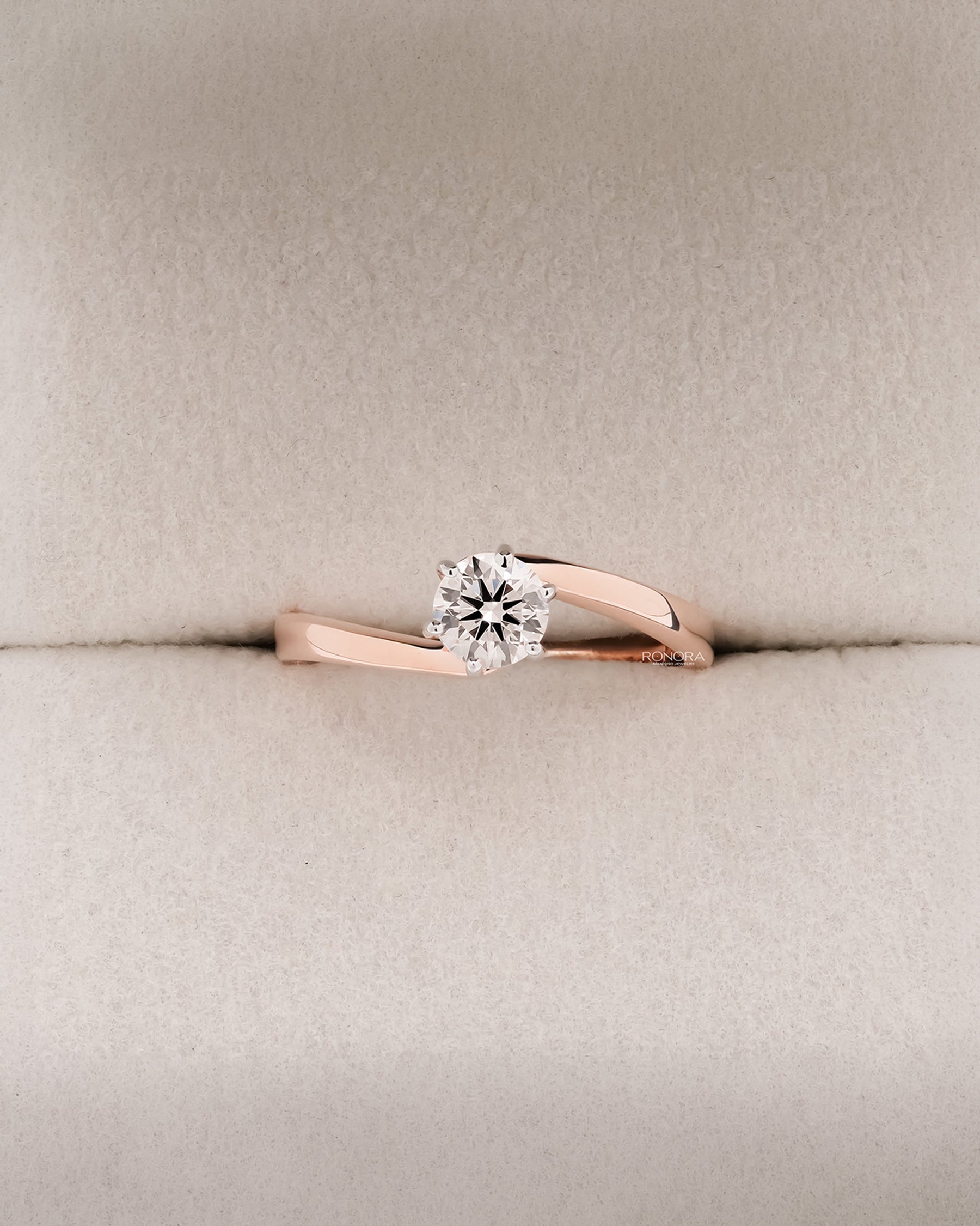 Ariane round lab grown diamond bypass ring in rose gold inside Ronora box