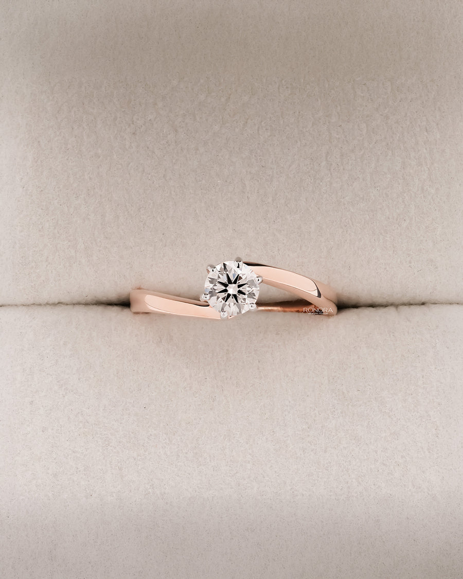Ariane round lab grown diamond bypass ring in rose gold inside Ronora box