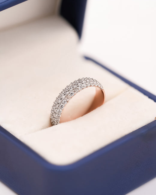 Estelle wide lab grown diamond pavé band in rose gold inside Ronora box