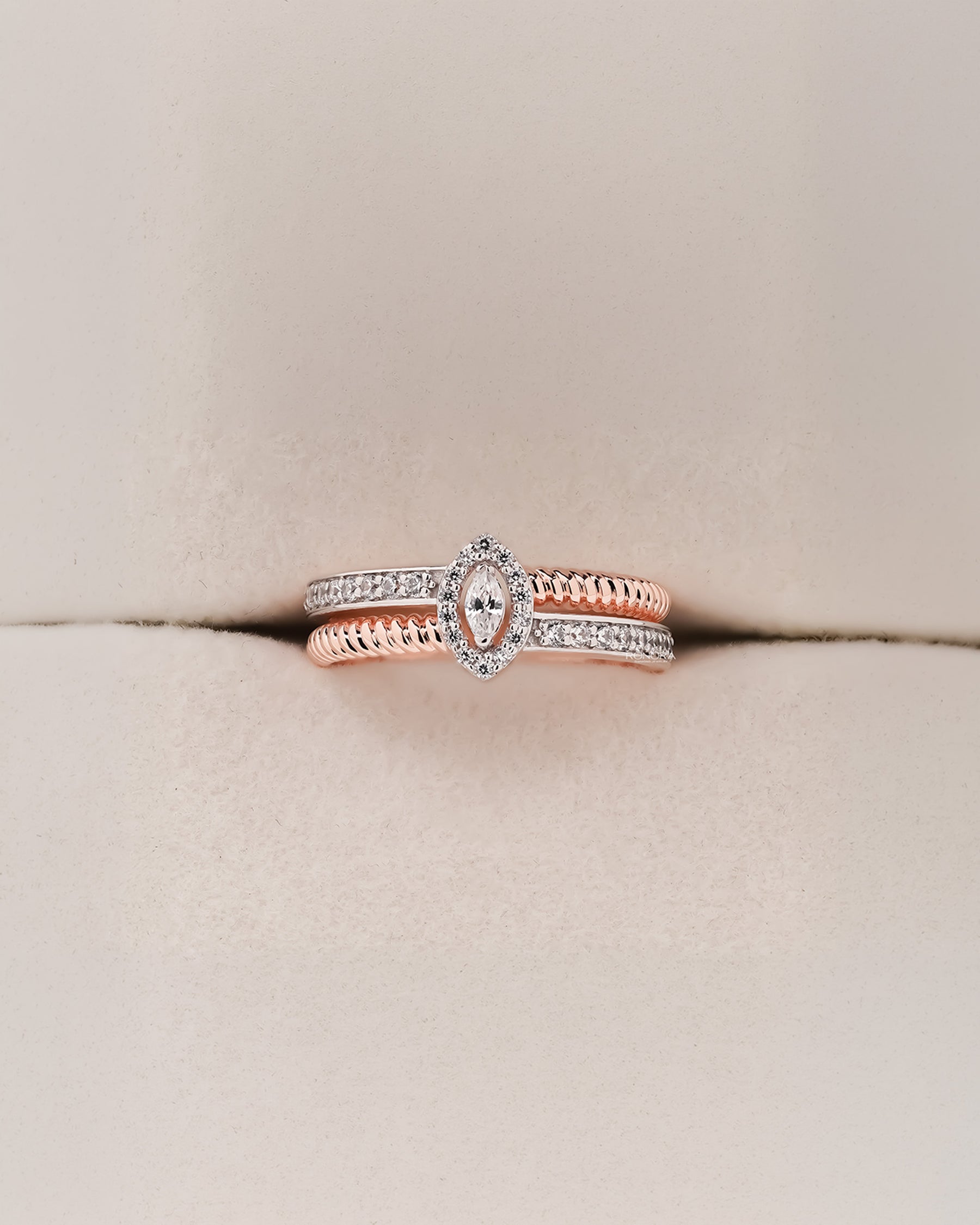 Maris marquise lab grown diamond double pavé ring in rose gold inside Ronora box