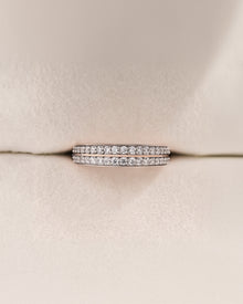 Angled view of double-row lab grown diamond pavé band showing pavé setting