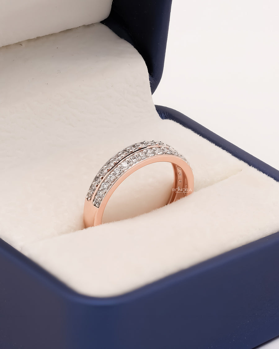 Renelle double-row lab grown diamond pavé band in rose gold inside Ronora box