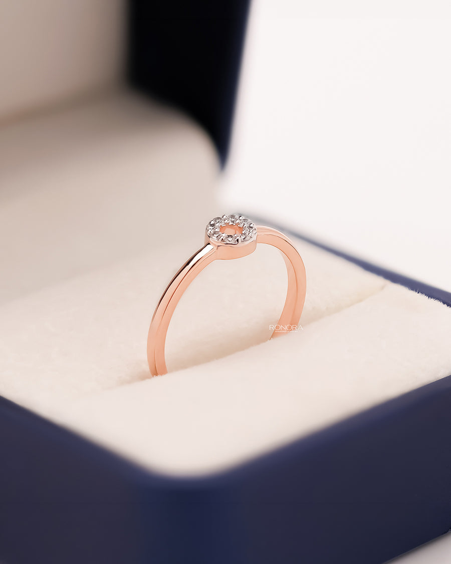 Mirabelle round lab grown diamond halo ring in rose gold inside Ronora box