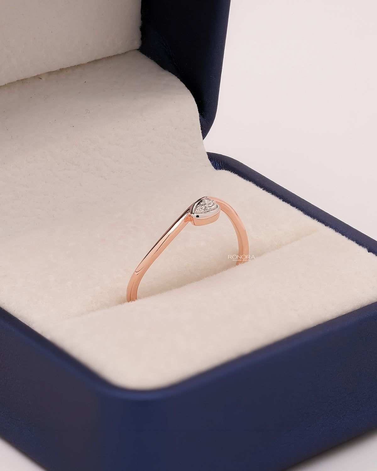 Soline round lab grown diamond solitaire ring in rose gold inside Ronora box