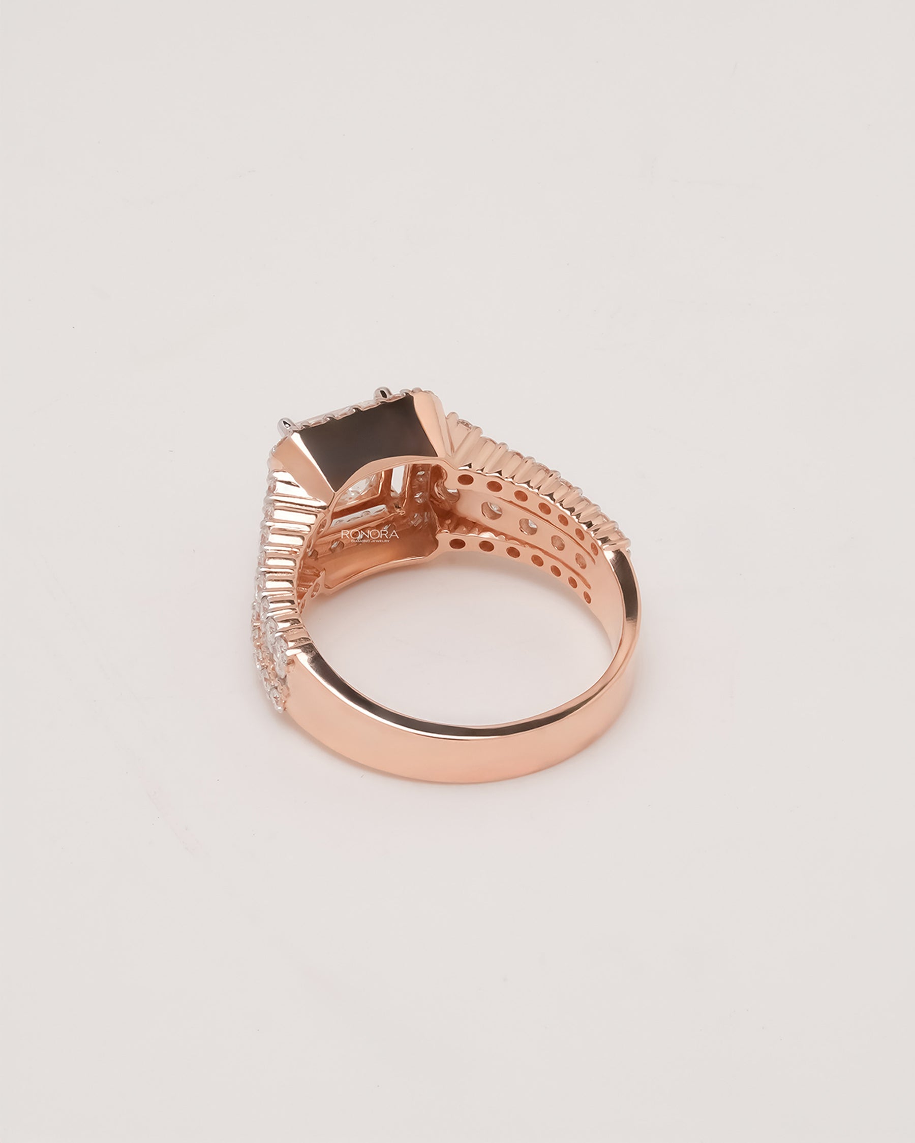 Back view of princess lab grown diamond halo ring showing band detail