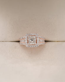 Genevieve princess lab grown diamond halo ring in rose gold inside Ronora box