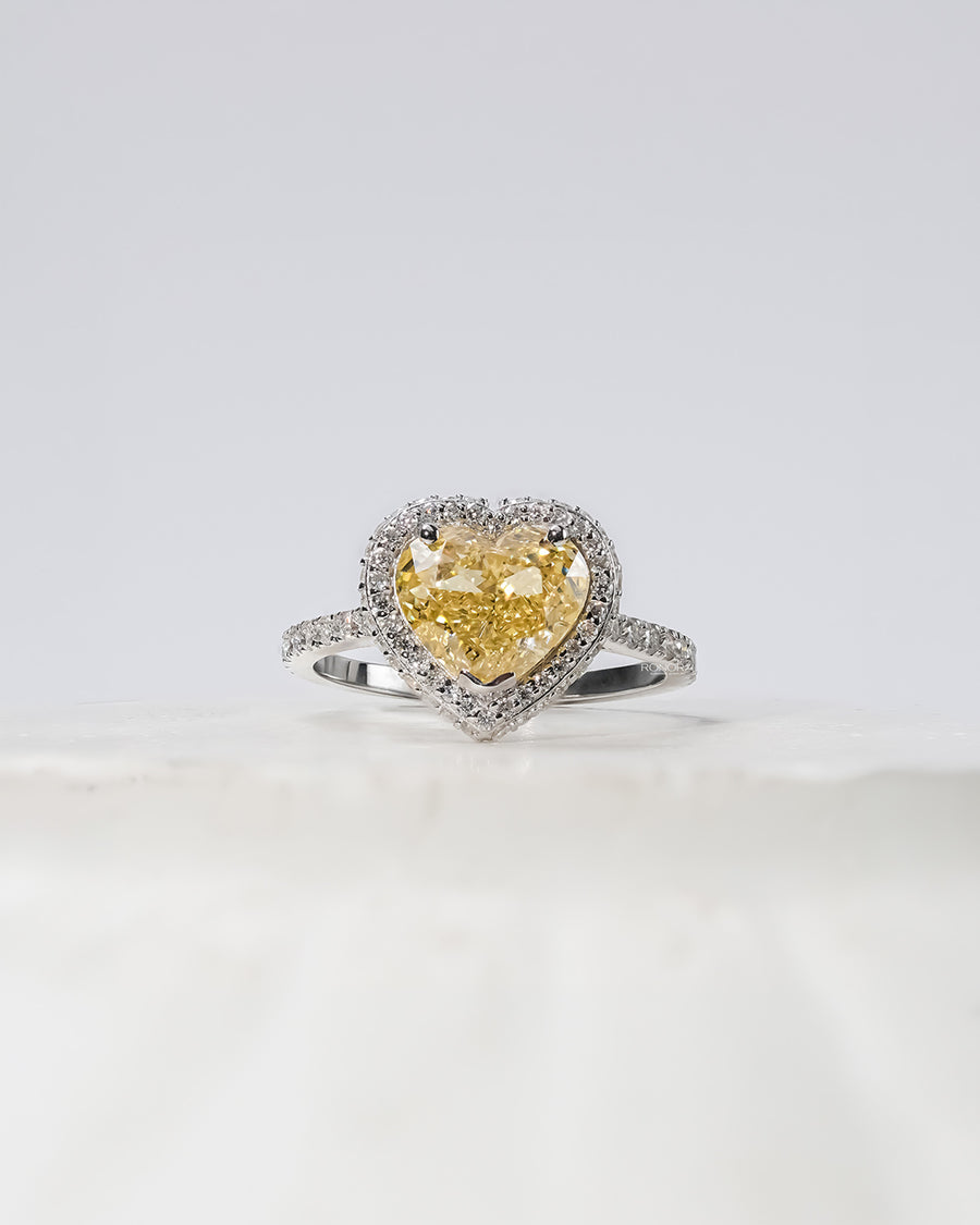 Aurielle yellow heart lab grown diamond halo ring in white gold inside Ronora box