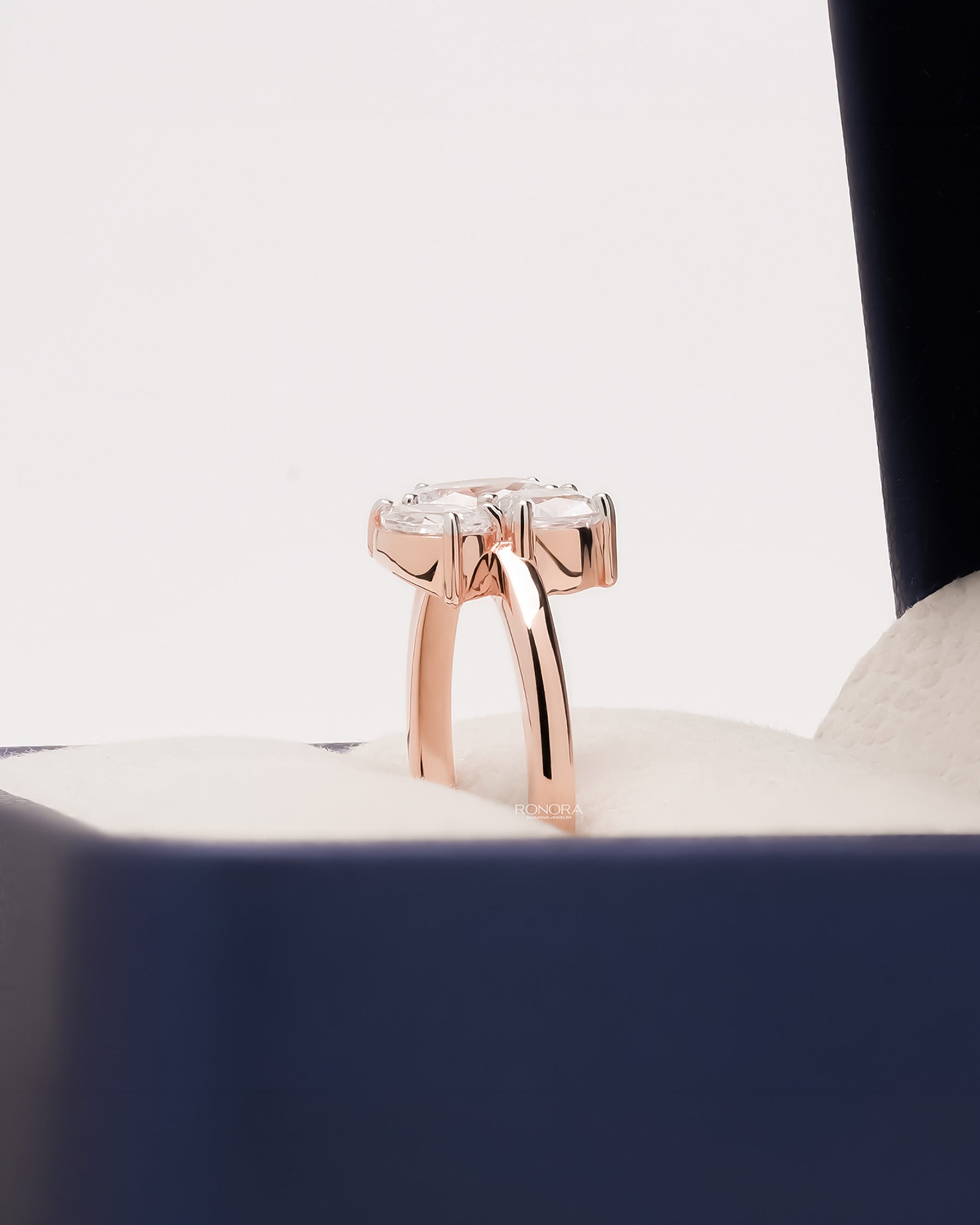 Side profile of oval lab grown diamond cluster ring showing ring setting