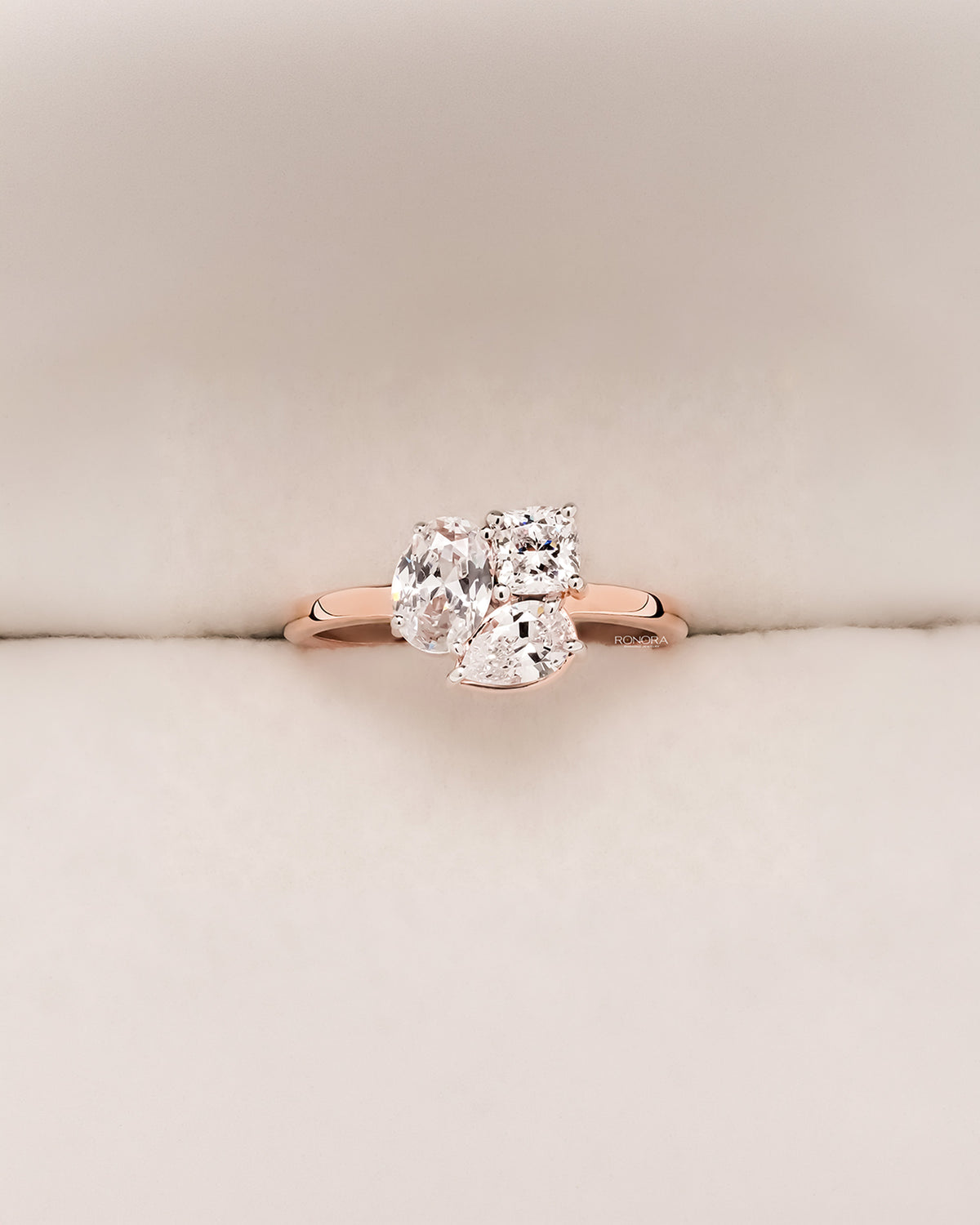 Celestine oval lab grown diamond cluster ring in rose gold inside Ronora box