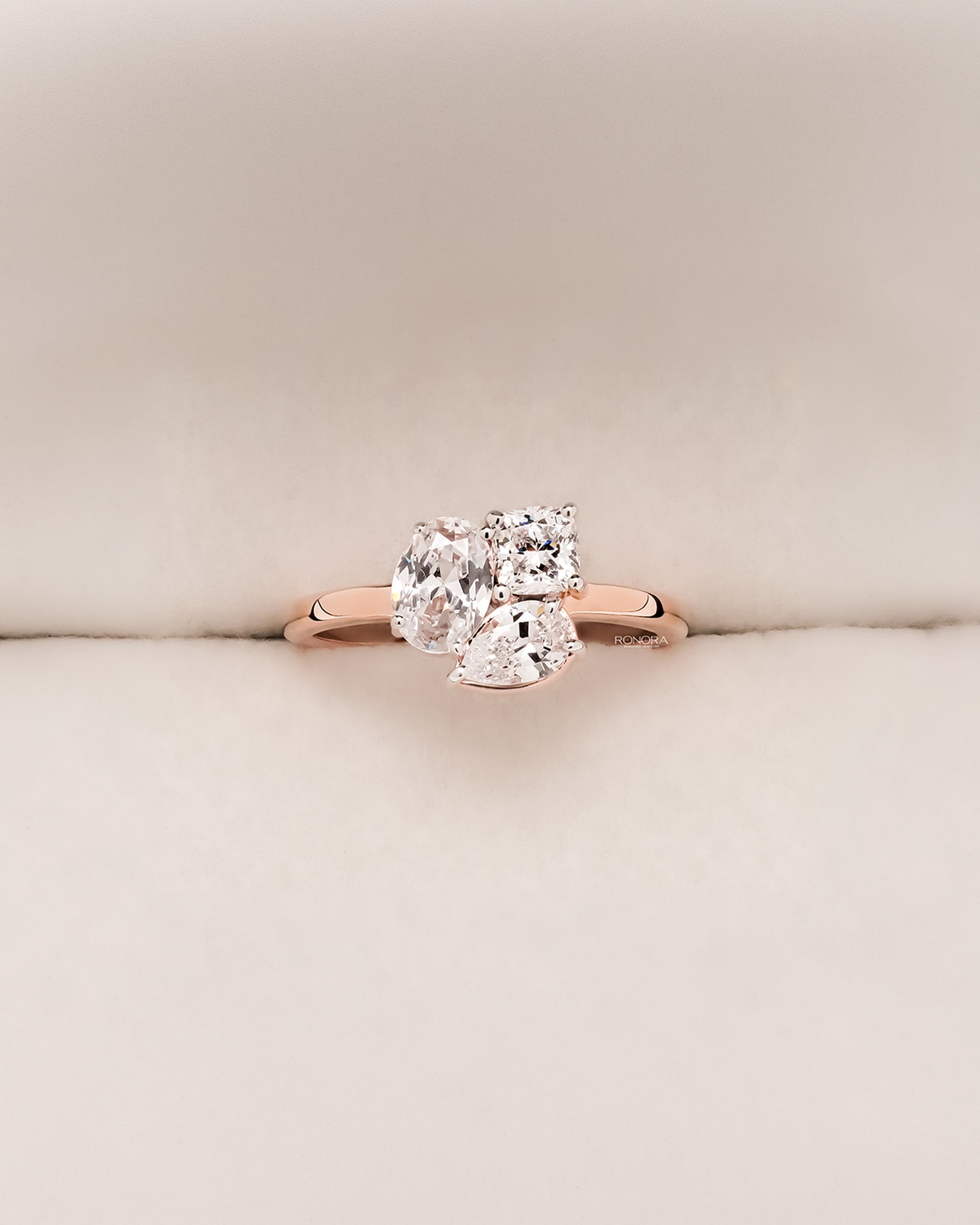 Celestine oval lab grown diamond cluster ring in rose gold inside Ronora box