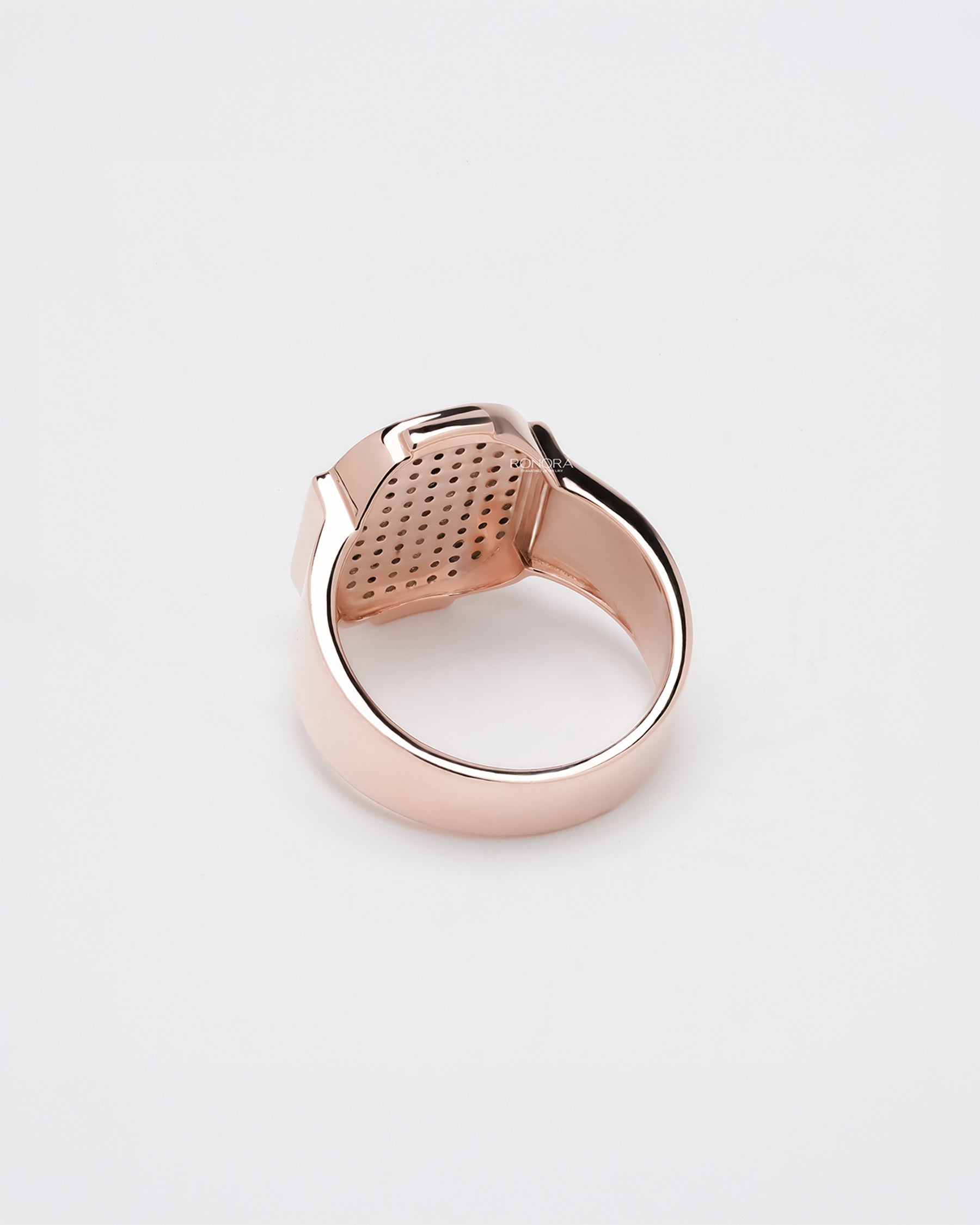 Back view of square lab grown diamond pavé signet ring showing band and gallery detail
