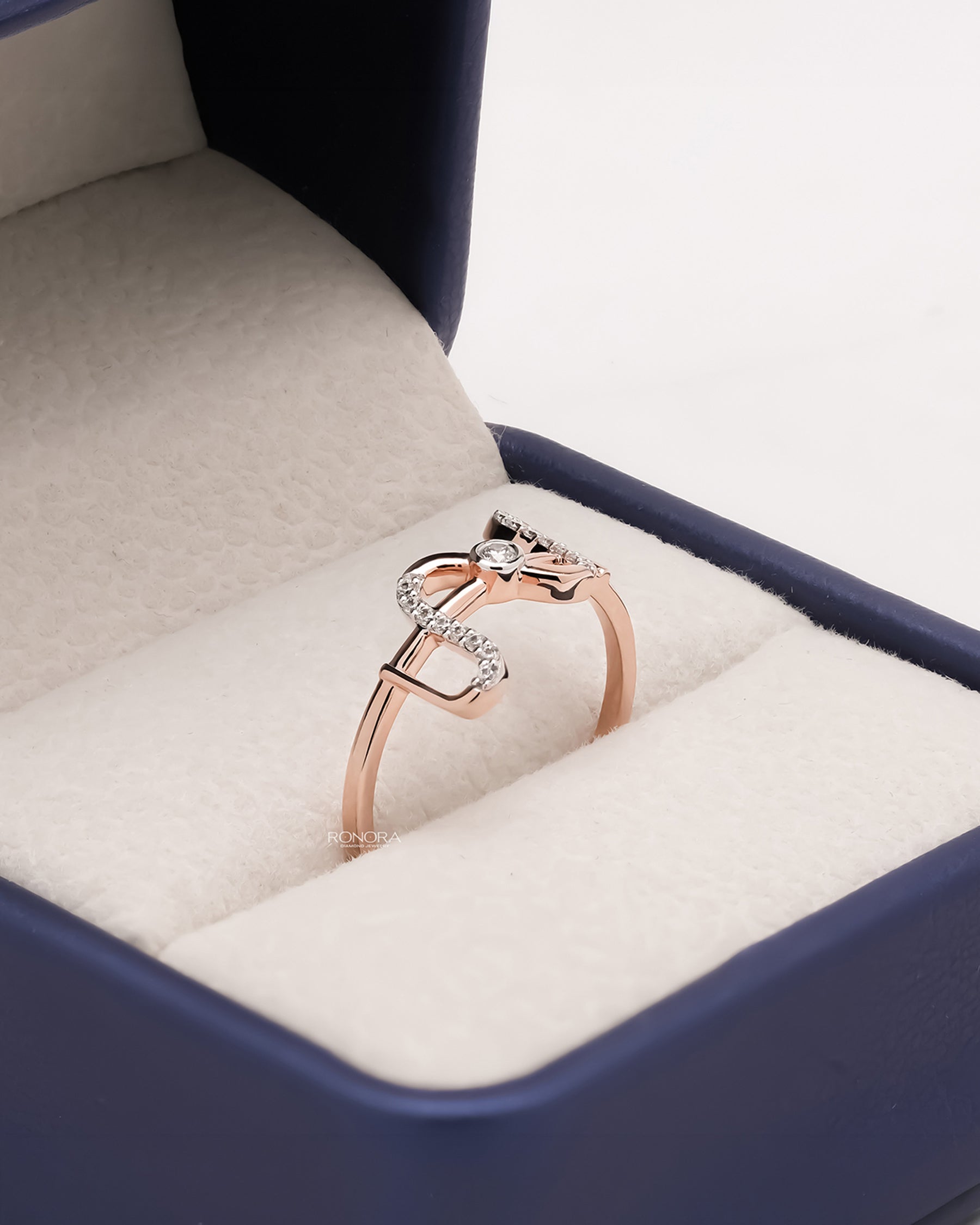 Coralie open lab grown diamond geometric ring in rose gold inside Ronora box