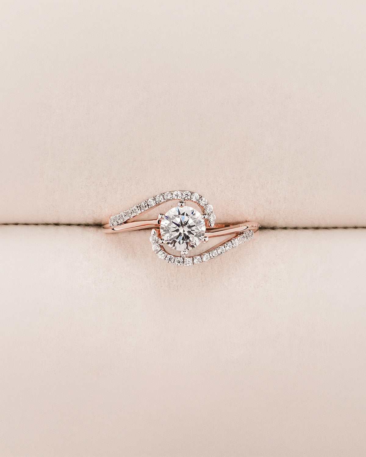 Camille round lab grown diamond twisted pavé ring in rose gold inside Ronora box