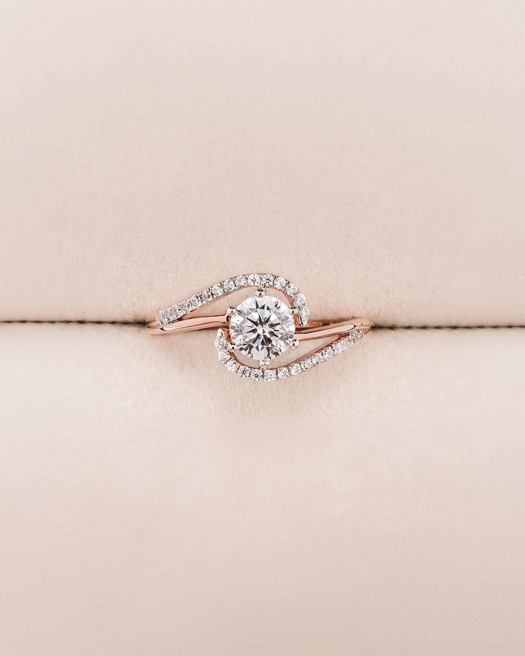 Camille round lab grown diamond twisted pavé ring in rose gold inside Ronora box