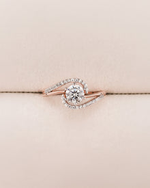 Camille round lab grown diamond twisted pavé ring in rose gold inside Ronora box