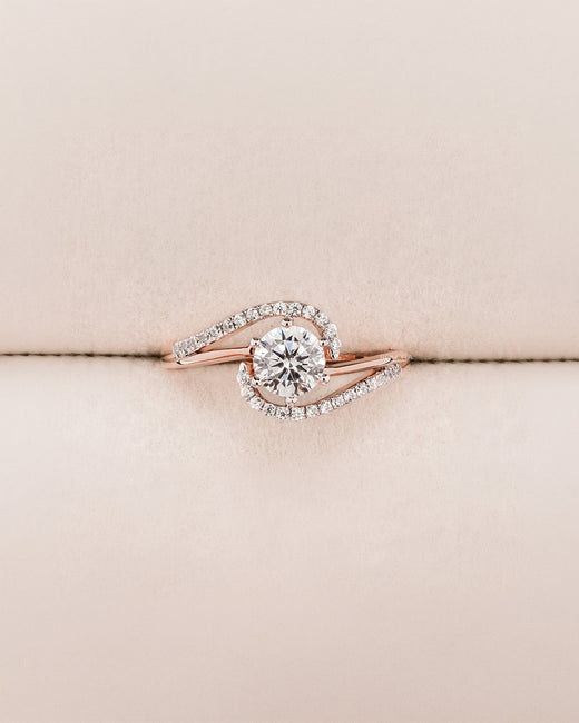 Camille round lab grown diamond twisted pavé ring in rose gold inside Ronora box