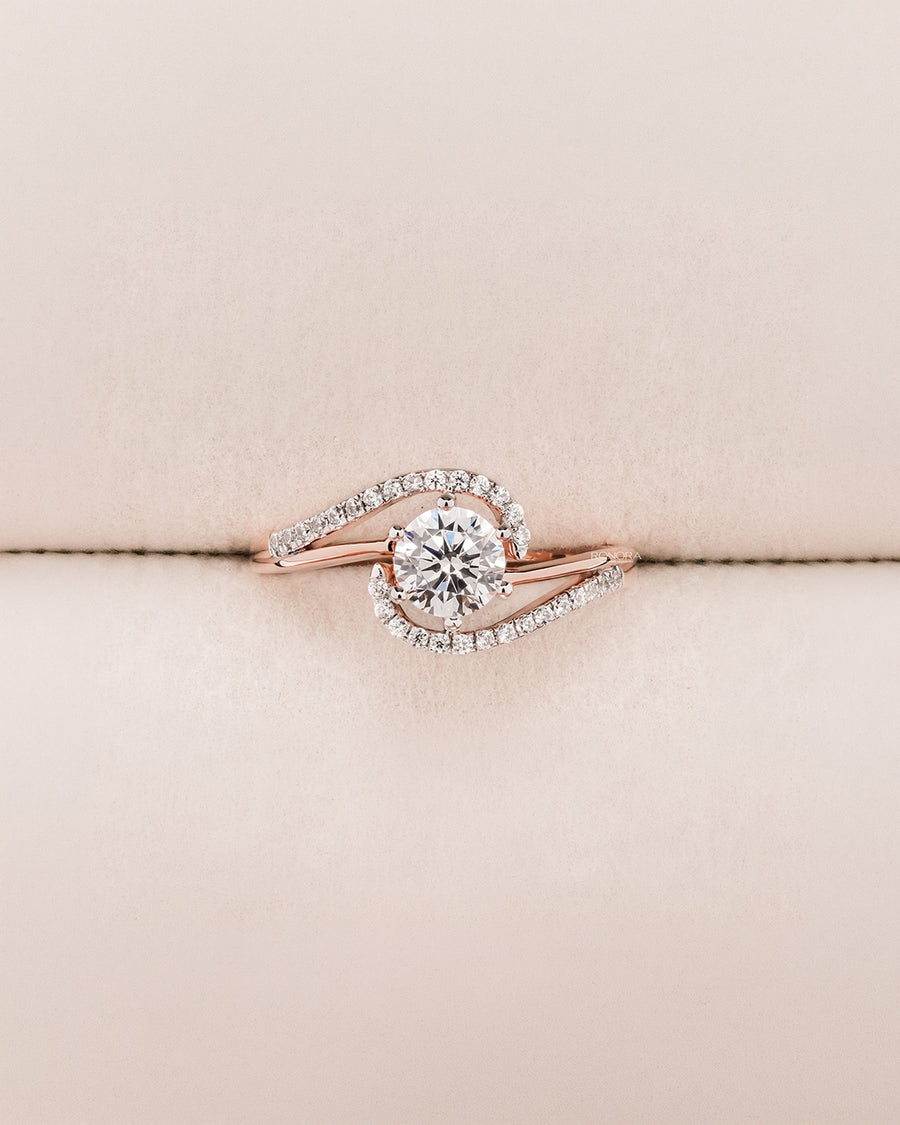 Camille round lab grown diamond twisted pavé ring in rose gold inside Ronora box