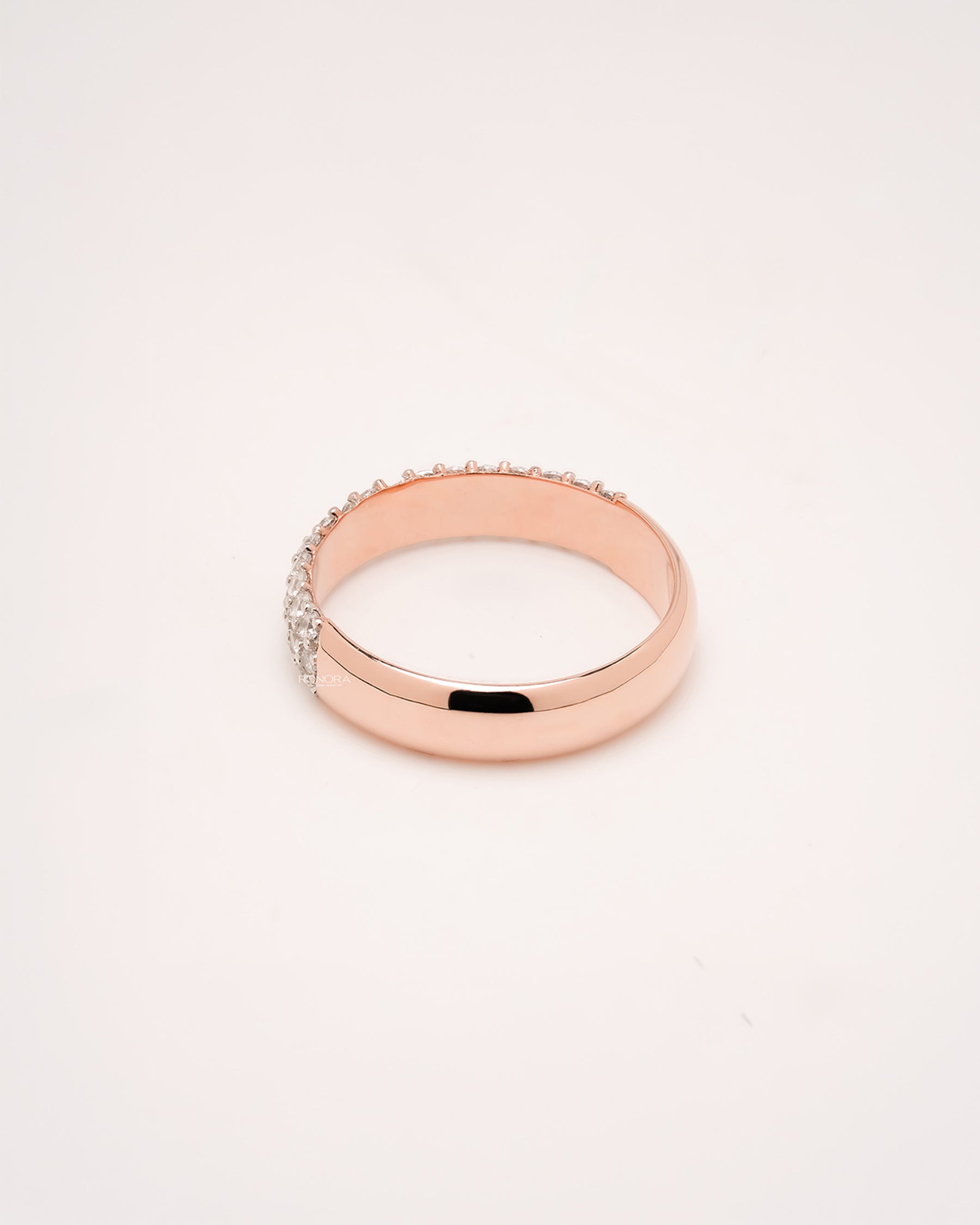 Back view of wide lab grown diamond pavé band showing band and gallery detail