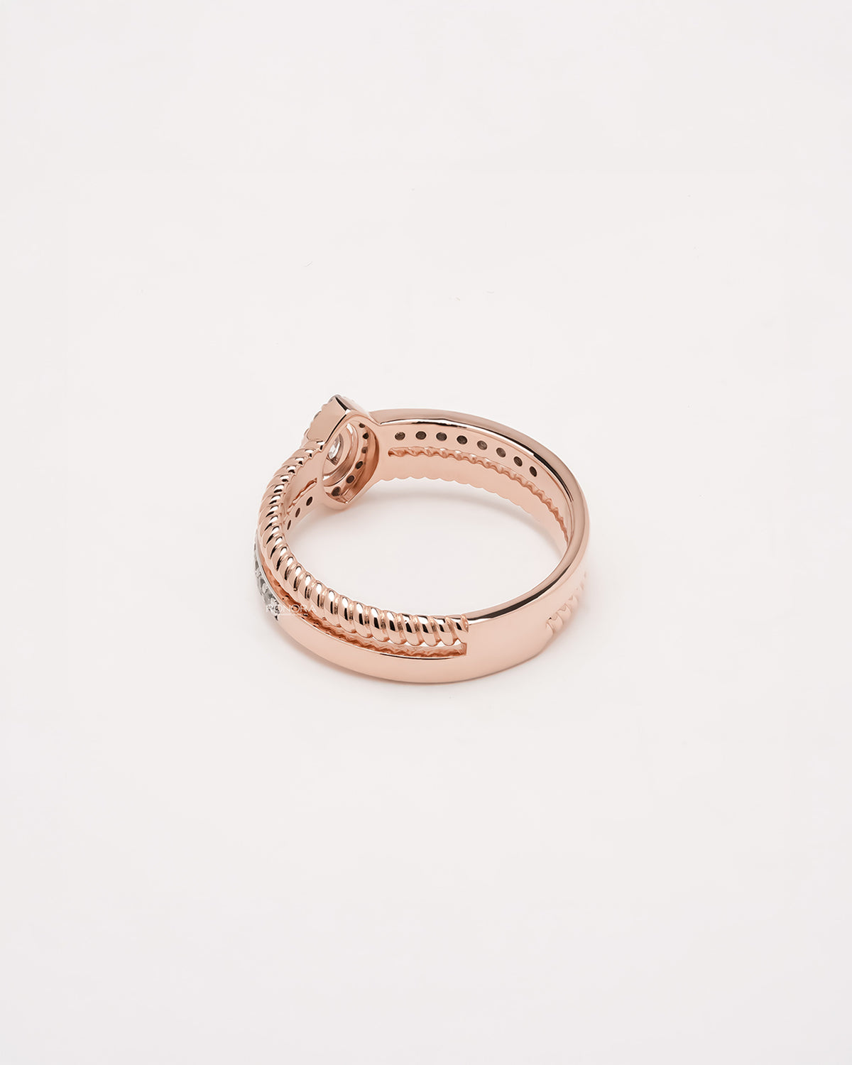 Back view of marquise lab grown diamond double pavé ring showing band and gallery detail