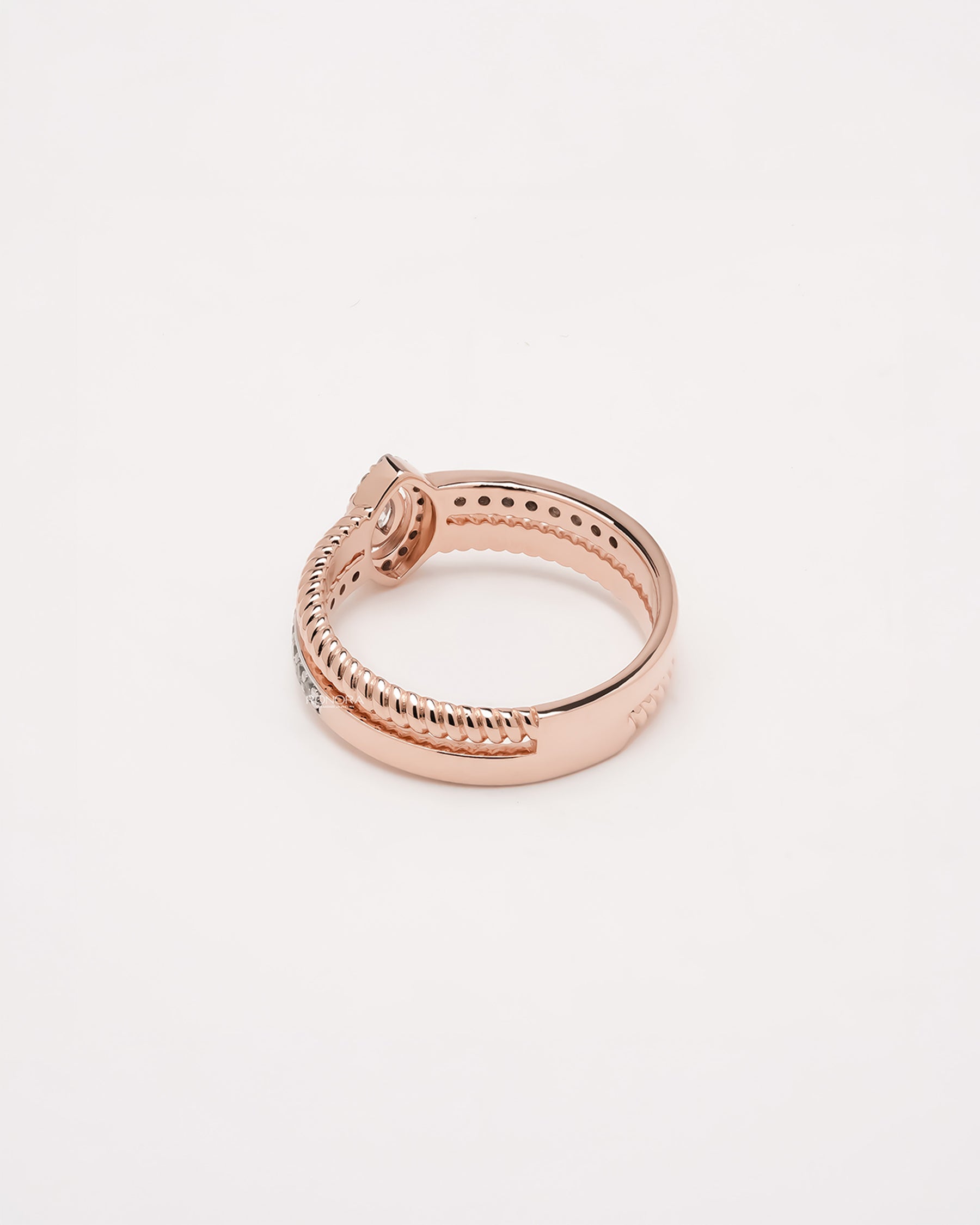 Back view of marquise lab grown diamond double pavé ring showing band and gallery detail