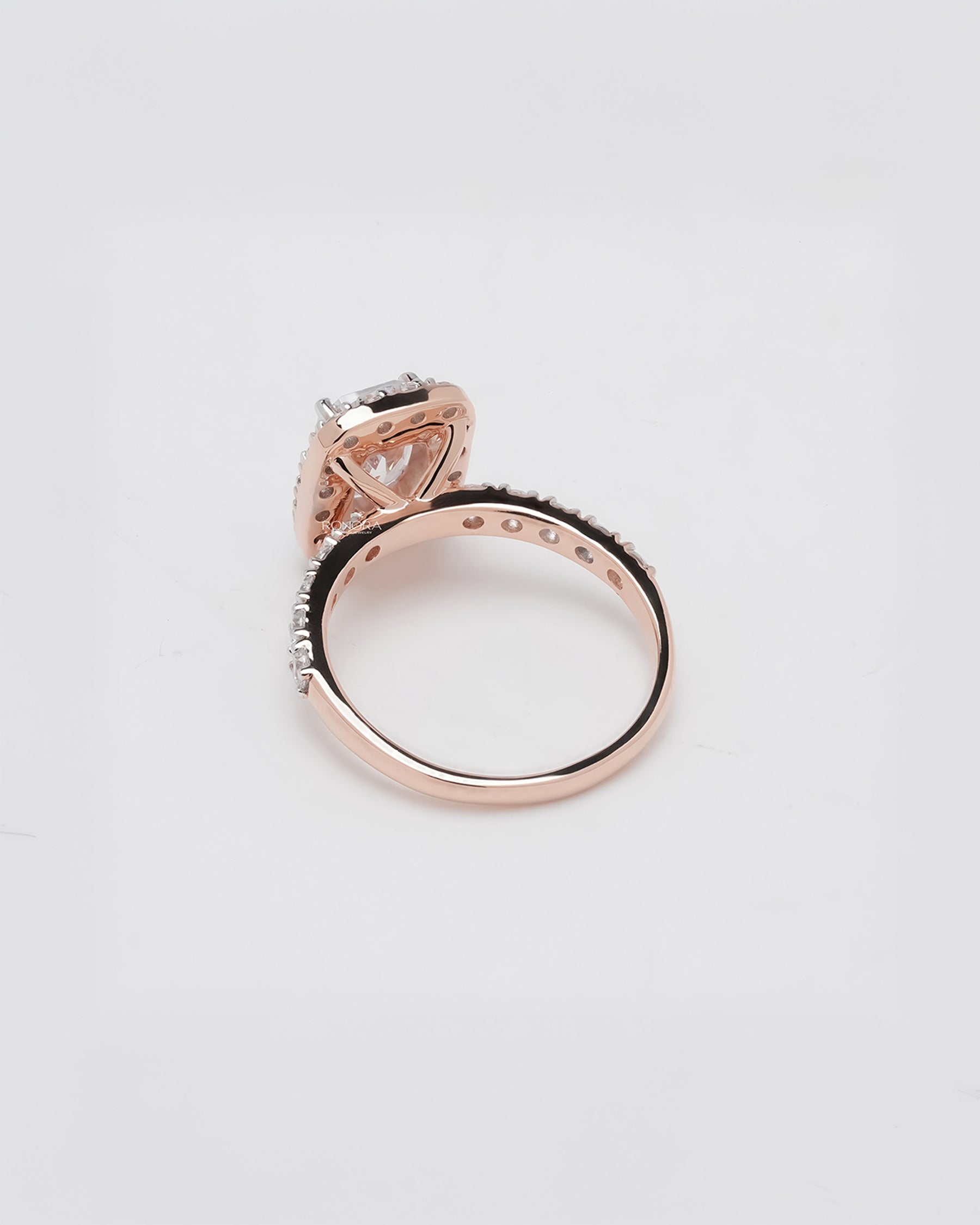 Back view of cushion moissanite halo ring showing band and gallery detail