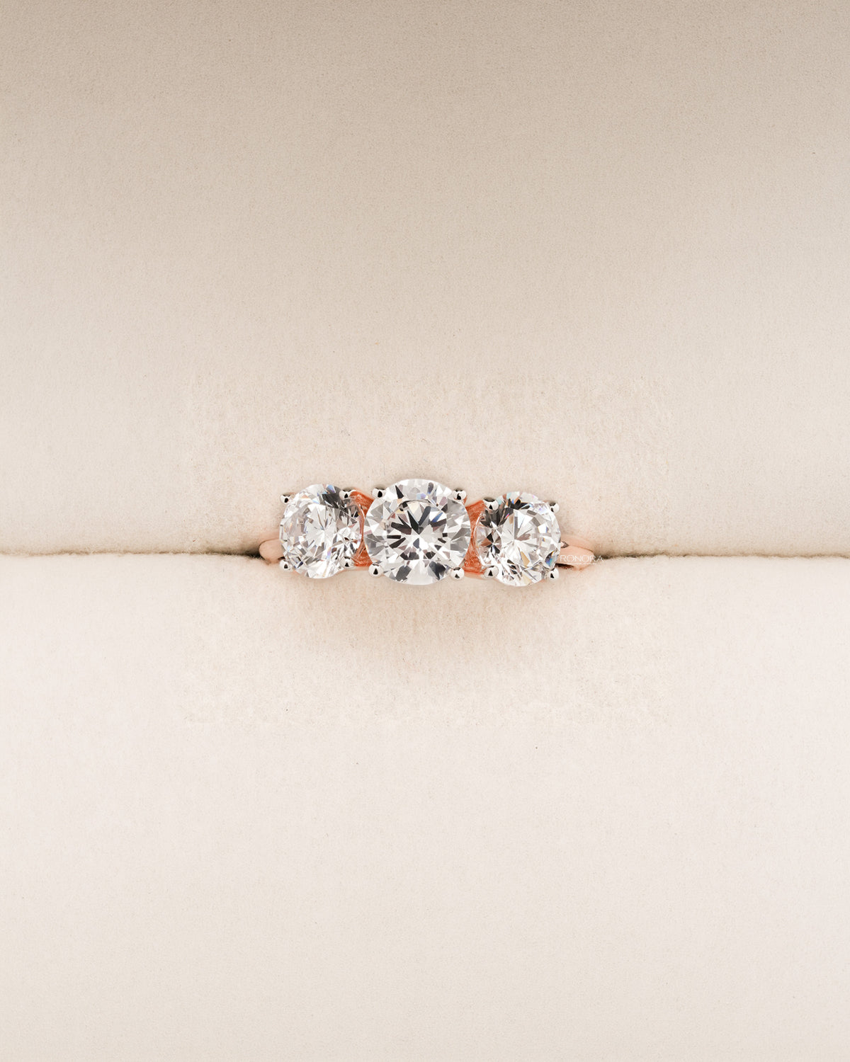 Madeleine round lab grown diamond three-stone ring in rose gold inside Ronora box