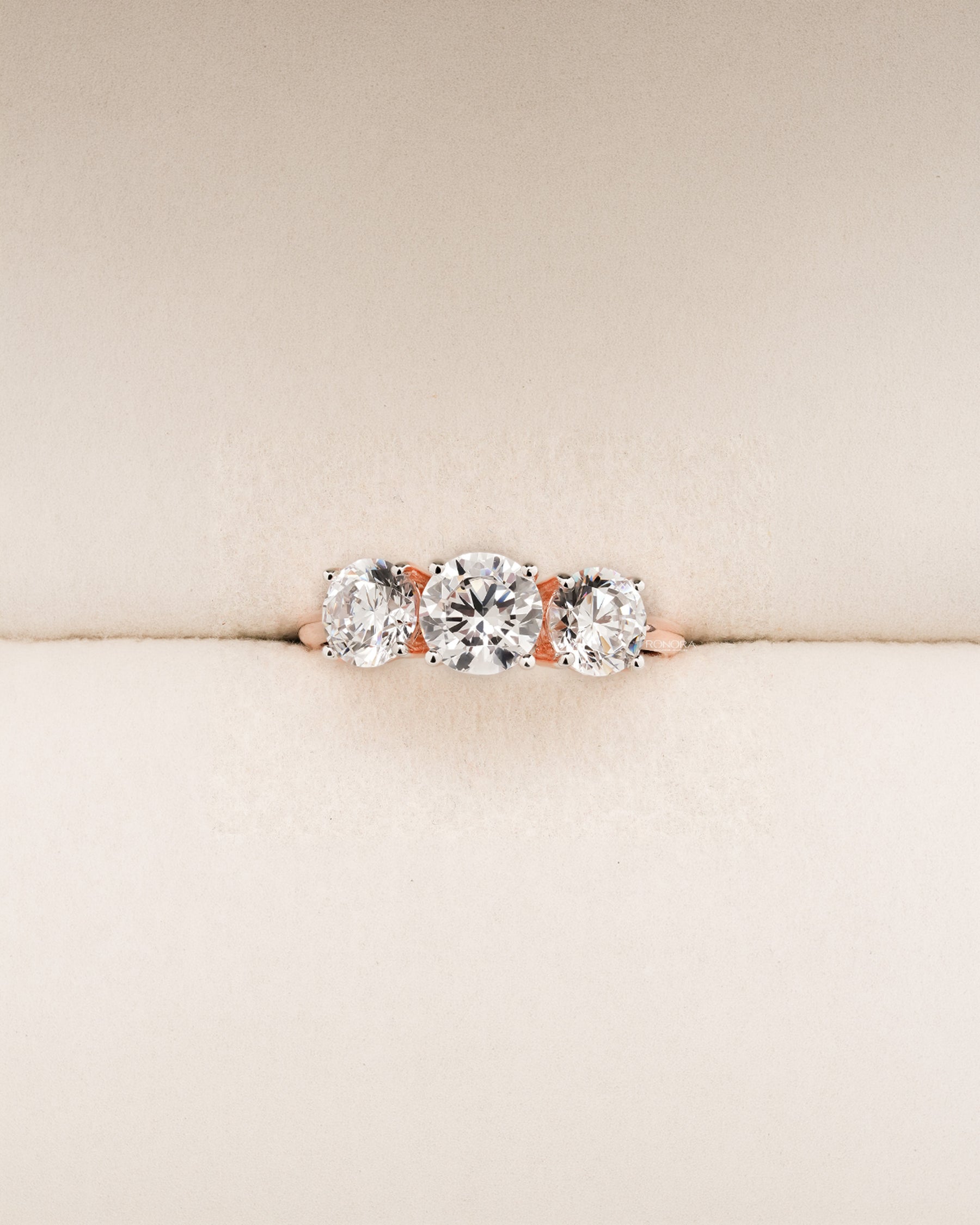 Madeleine round lab grown diamond three-stone ring in rose gold inside Ronora box
