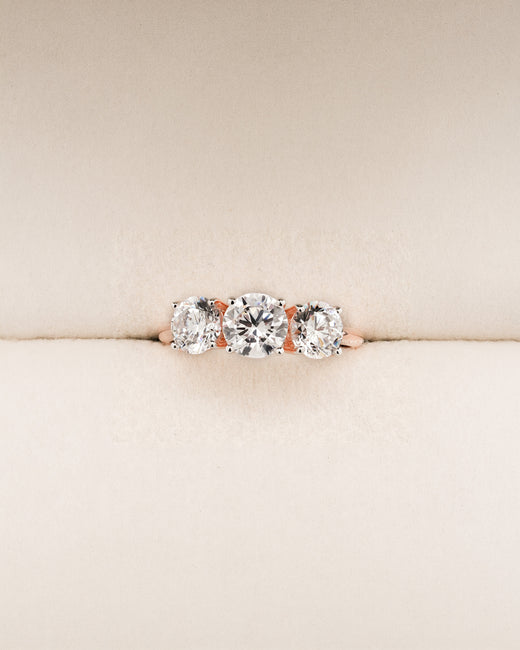 Madeleine round lab grown diamond three-stone ring in rose gold inside Ronora box