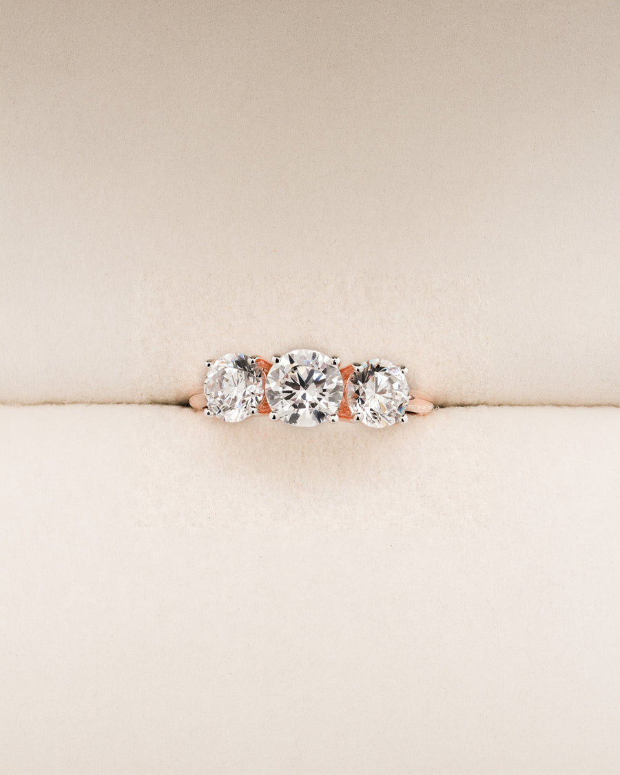 Madeleine round lab grown diamond three-stone ring in rose gold inside Ronora box
