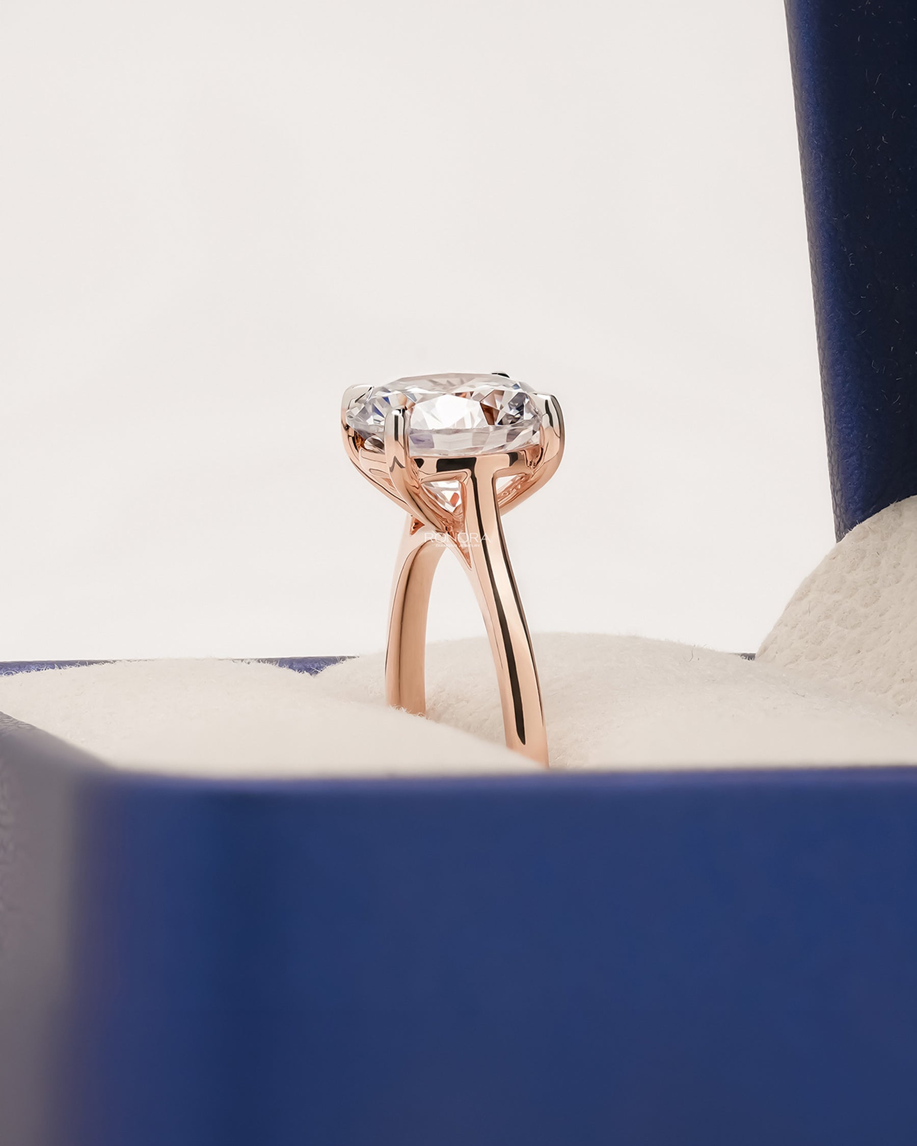 Side profile of round moissanite solitaire ring in Ronora box
